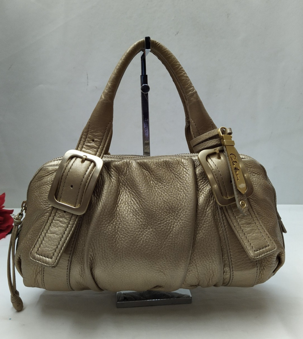 Cole Haan Gold Pebbled Leather Double Handles Zipper Satchel Bag